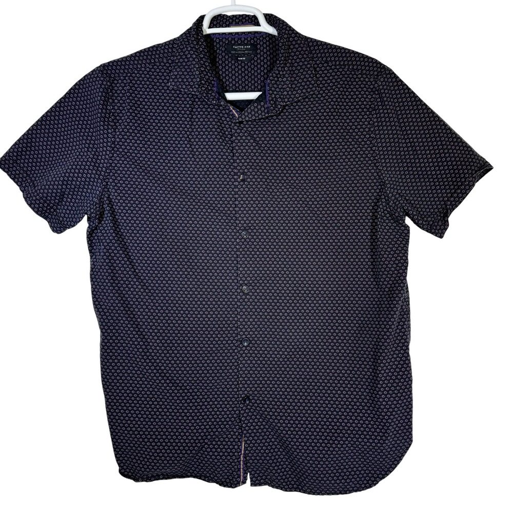 Cactus Man Shirt Mens XL Black Pink Slim Fit Short Sleeve Button Up Geometric